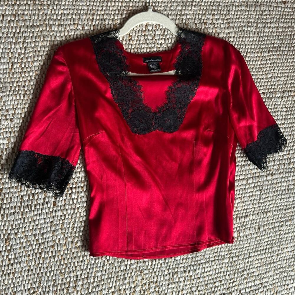 Vintage Moda International Red Silk Lace Blouse - Whimsigoth Coquette Y2K Top XS